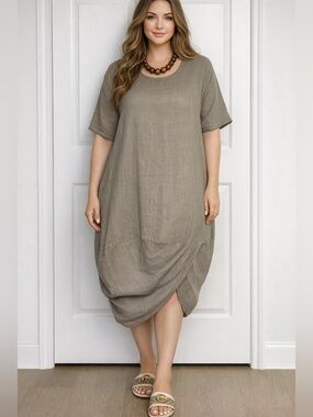 Camille & Co. Taupe Short Sleeve Tulip Hem Dress Sz M Boho Lagenlook Organic